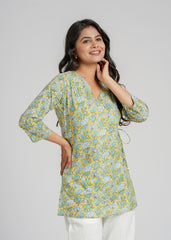 Green Block Printed Short Kurti