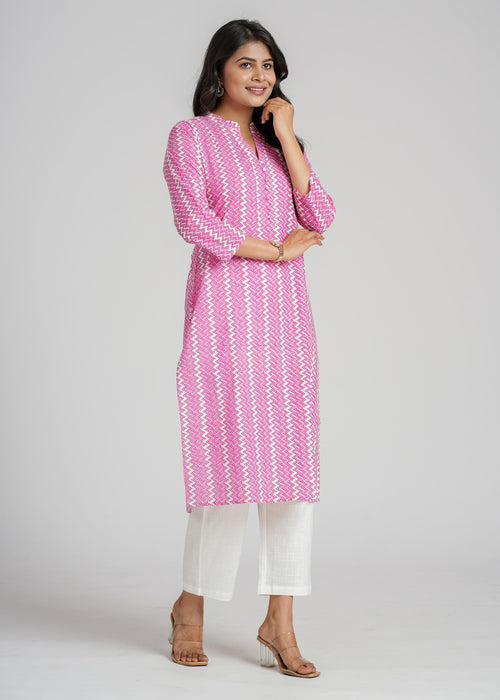 Pink Zig-Zag Cotton Printed Straight Kurta