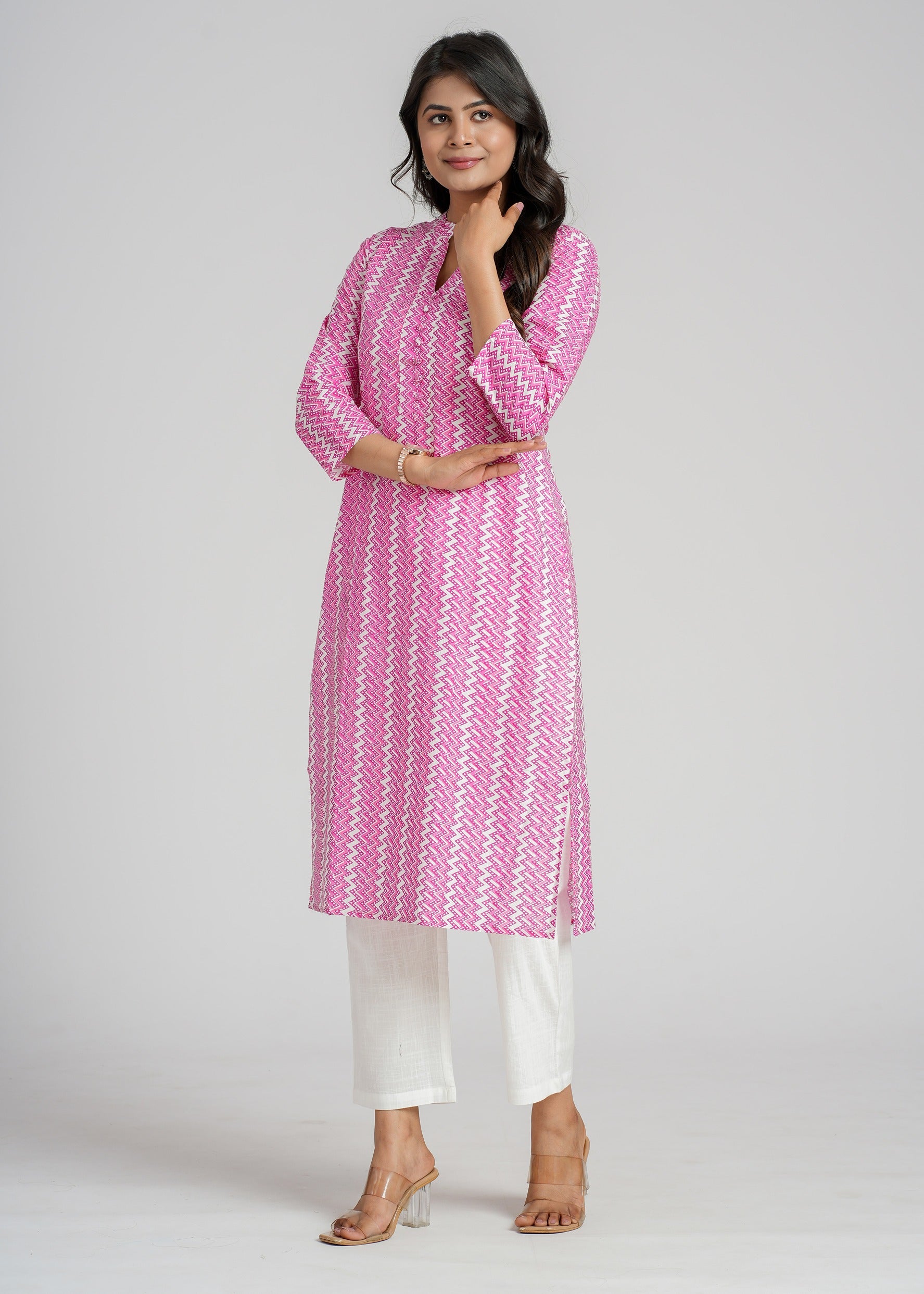 Pink Zig-Zag Cotton Printed Straight Kurta