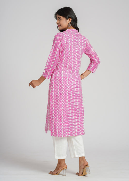 Pink Zig-Zag Cotton Printed Straight Kurta