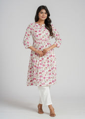 Magenta Zinnia Block Printed Cotton  Kurta
