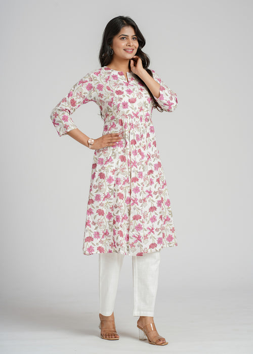 Magenta Zinnia Block Printed Cotton  Kurta