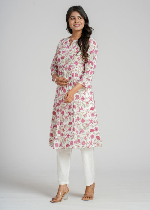 Magenta Zinnia Block Printed Cotton  Kurta