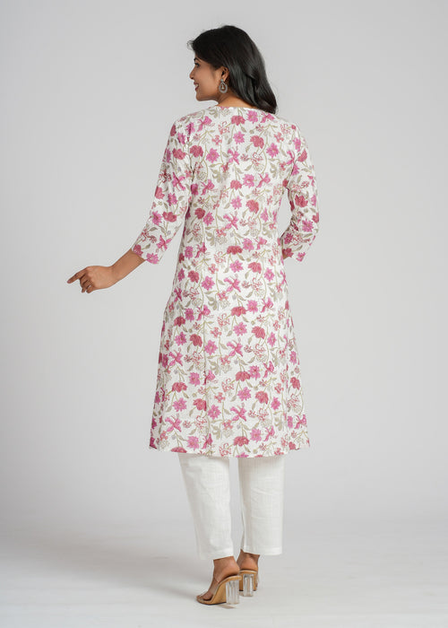 Magenta Zinnia Block Printed Cotton  Kurta