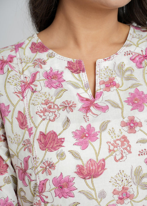 Magenta Zinnia Block Printed Cotton  Kurta