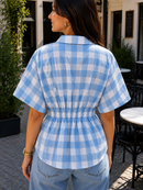 Blue Gingham Pleated Cotton Shirt