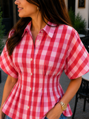 Pink/Red Gingham Pleated Cotton Shirt