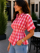Pink/Red Gingham Pleated Cotton Shirt