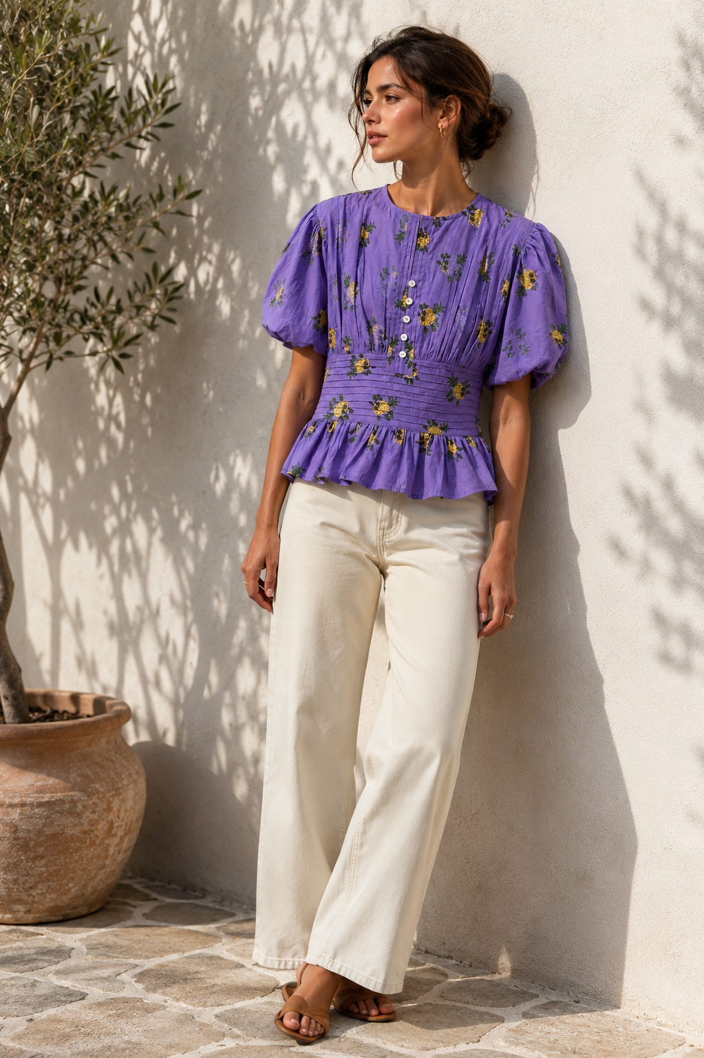 Purple Floral Smocked Cotton Top