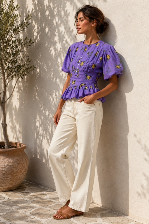 Purple Floral Smocked Cotton Top