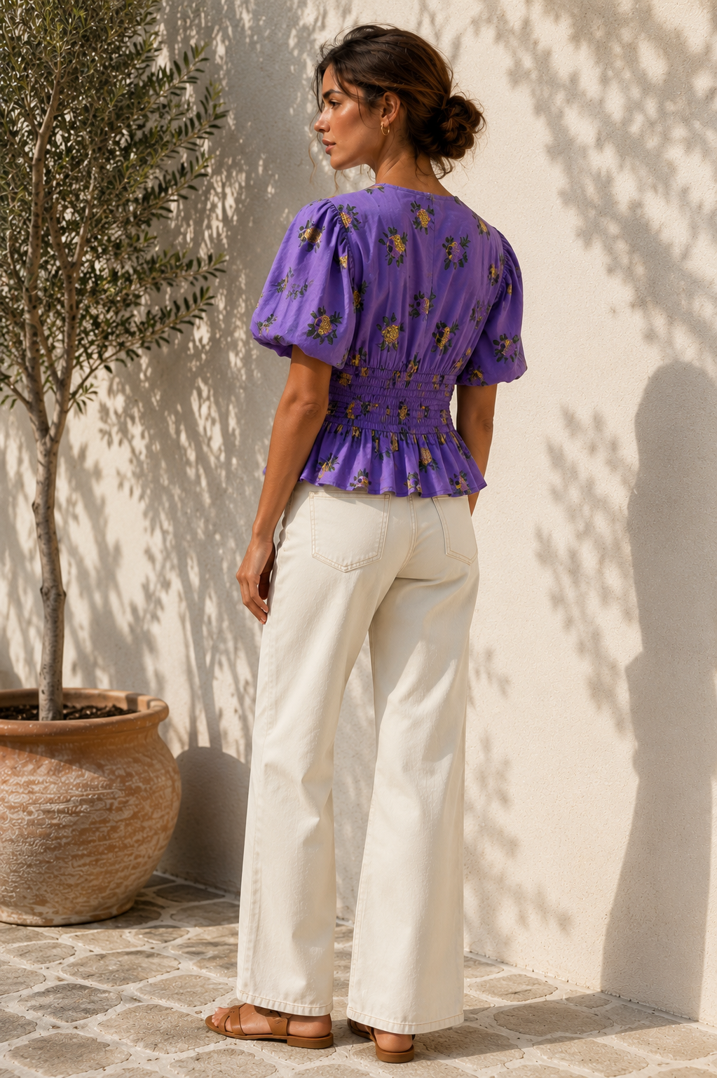 Purple Floral Smocked Cotton Top