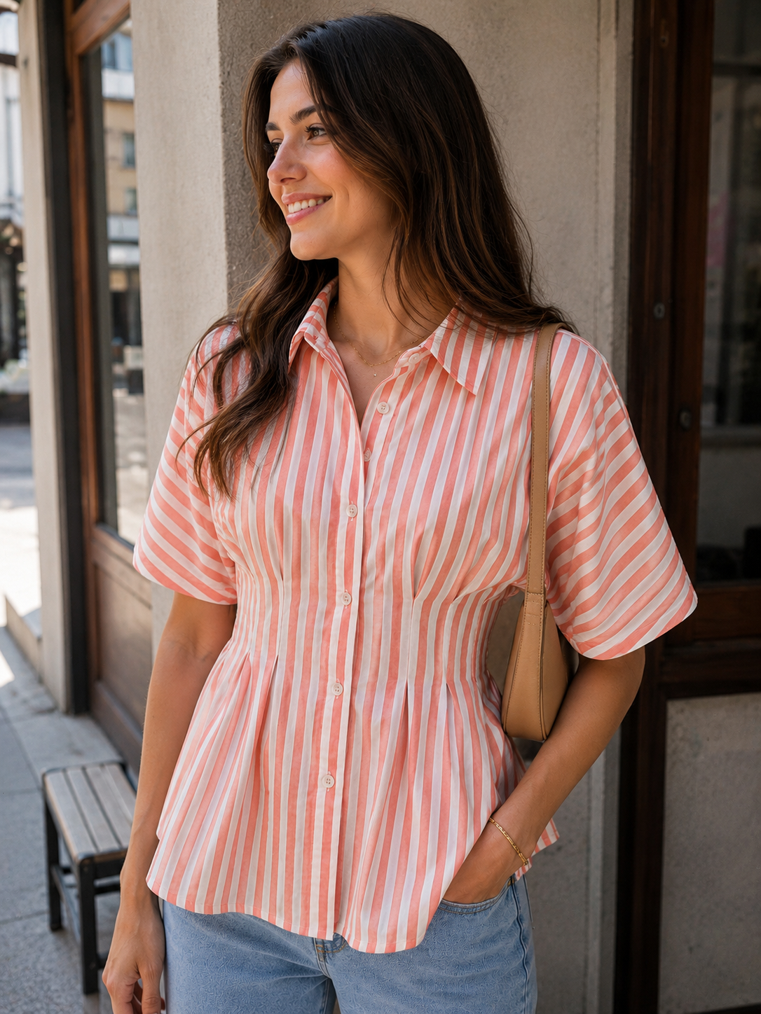 Peach Breeze Pleated Cotton Shirt