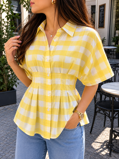 Yellow Gingham Pleated Cotton Shirt