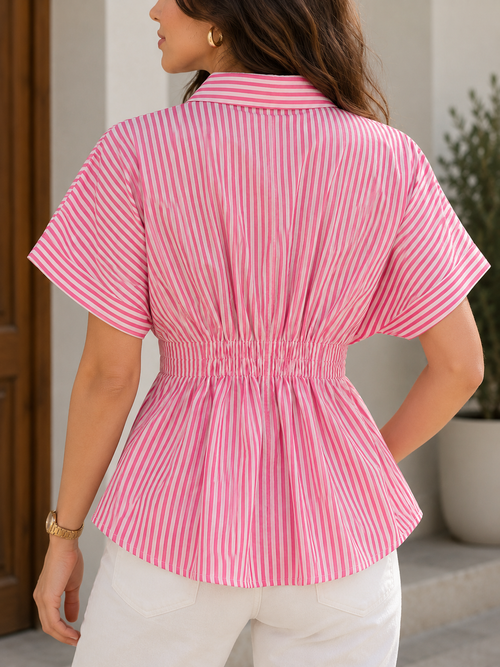 Peppermint Rose  Striped Pleated Cotton Shirt