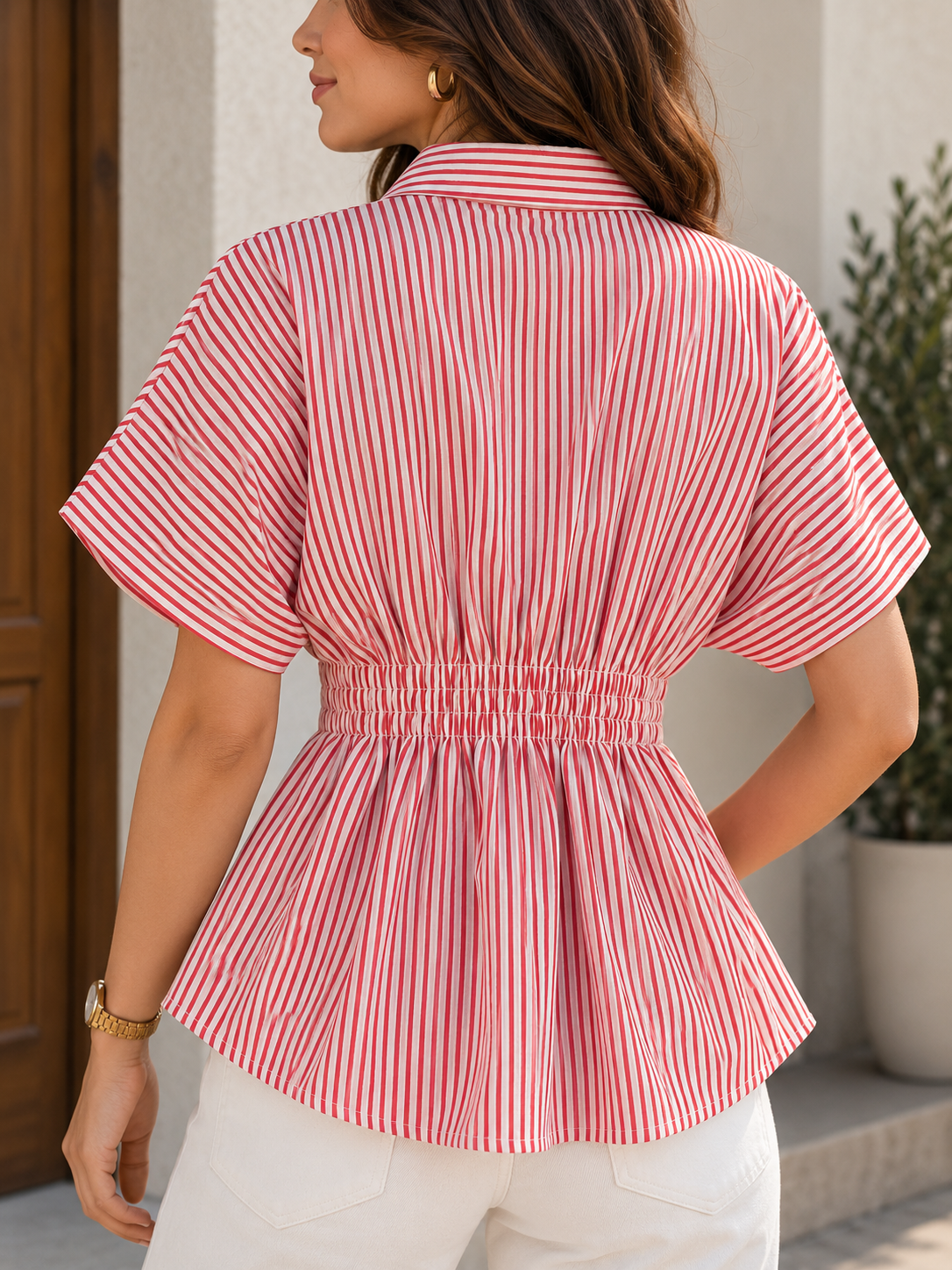 Pink Parasol Cinch Pleated Cotton Shirt