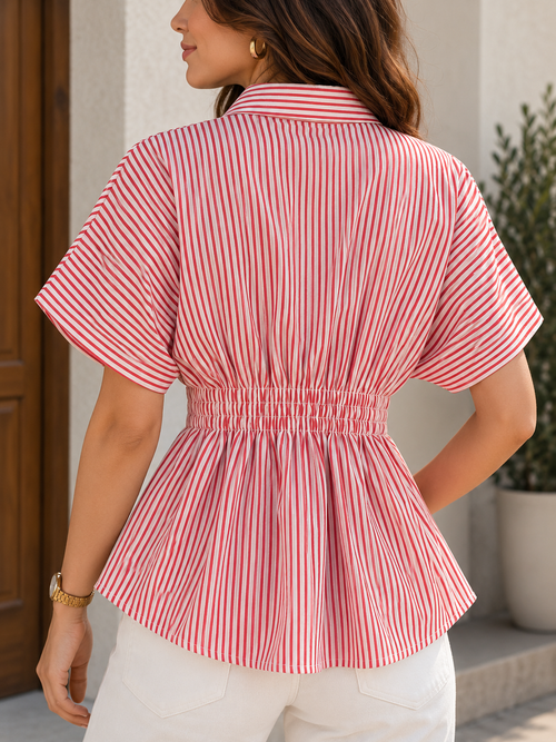 Pink Parasol Cinch Pleated Cotton Shirt