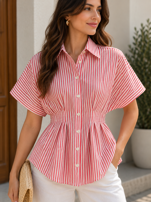 Pink Parasol Cinch Pleated Cotton Shirt