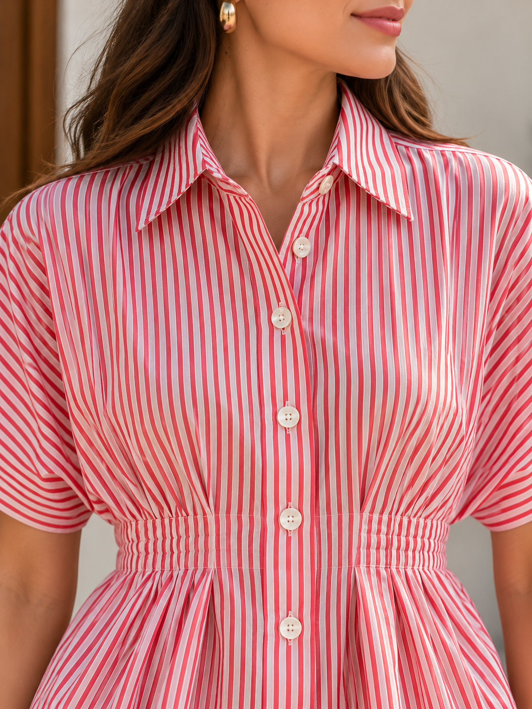 Pink Parasol Cinch Pleated Cotton Shirt