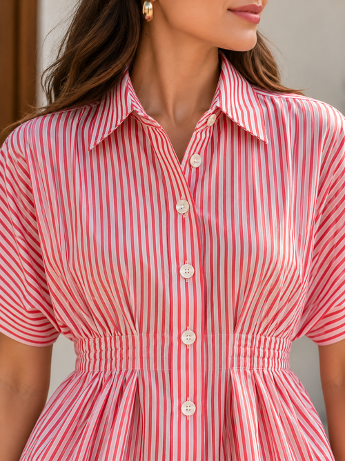 Pink Parasol Cinch Pleated Cotton Shirt