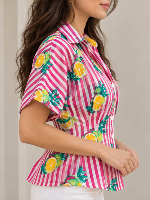 Pink Citrus Stripe Cotton Short Top