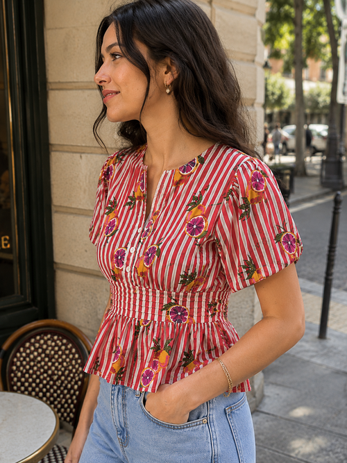 Grapefruit Smocked Cotton Top