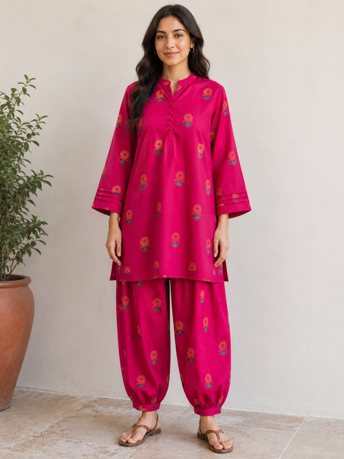 Crimson Bloom Cotton Kurta Set
