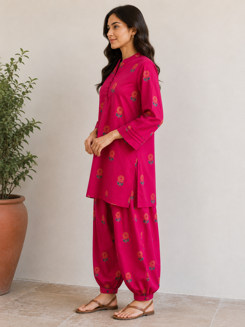 Crimson Bloom Cotton Kurta Set