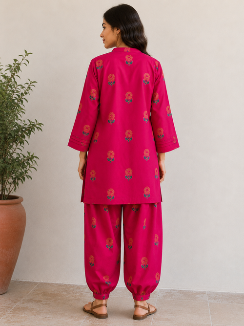 Crimson Bloom Cotton Kurta Set