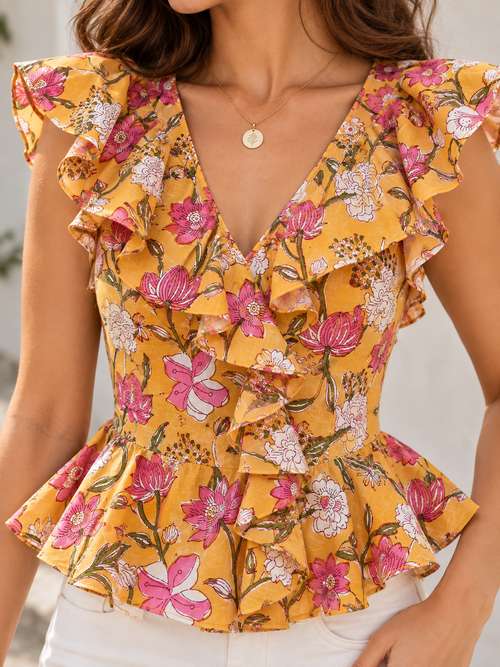 Peachy Floral Ruffle Short Top