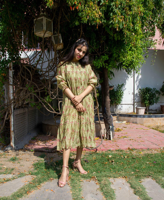 'Maheshwari Silk' Olive Green Printed Dress