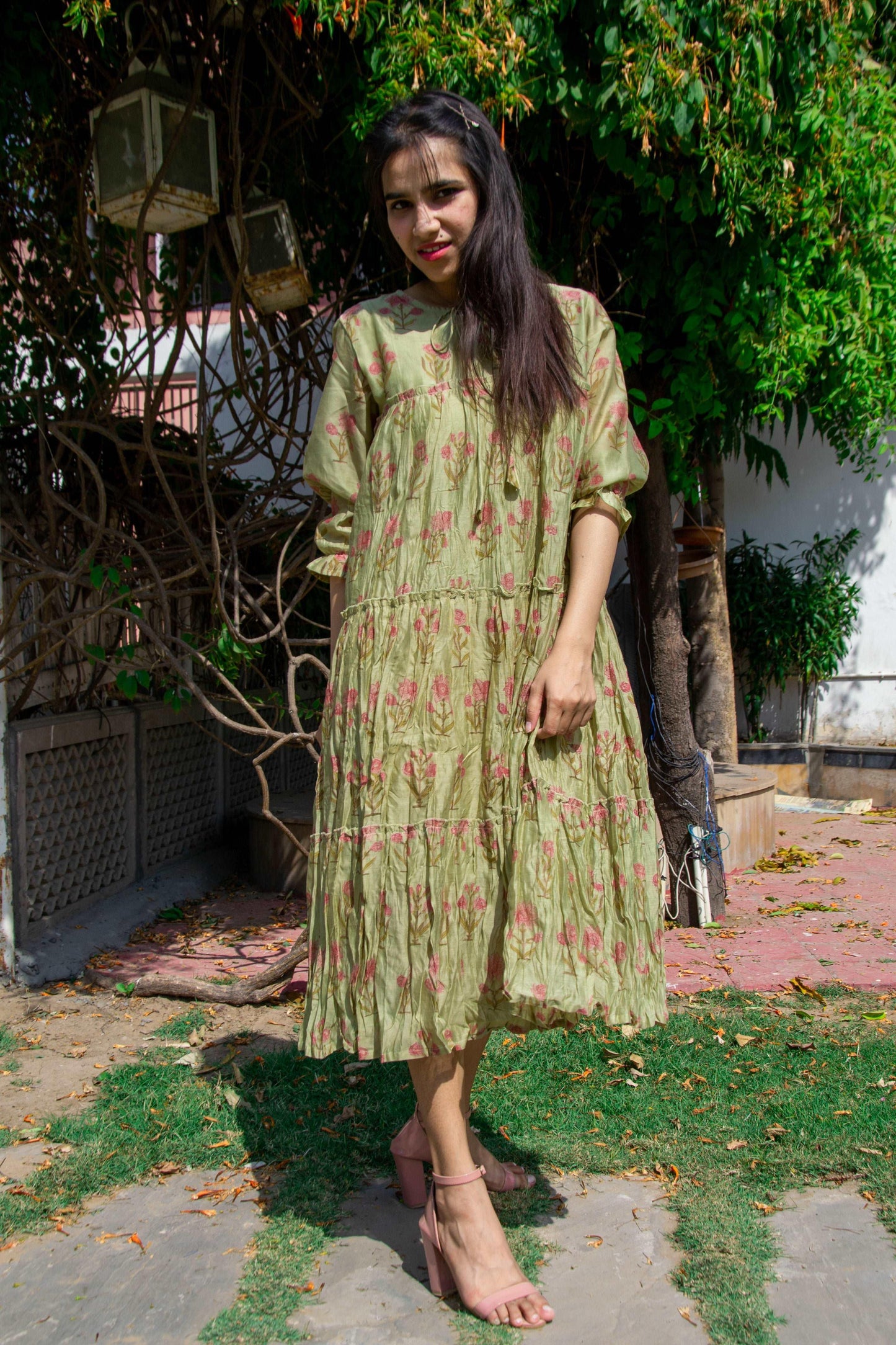 'Maheshwari Silk' Olive Green Printed Dress