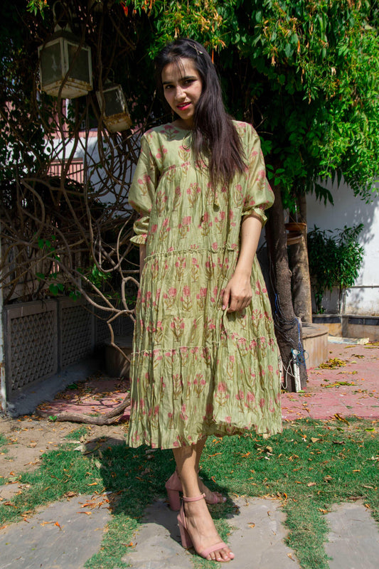 'Maheshwari Silk' Olive Green Printed Dress