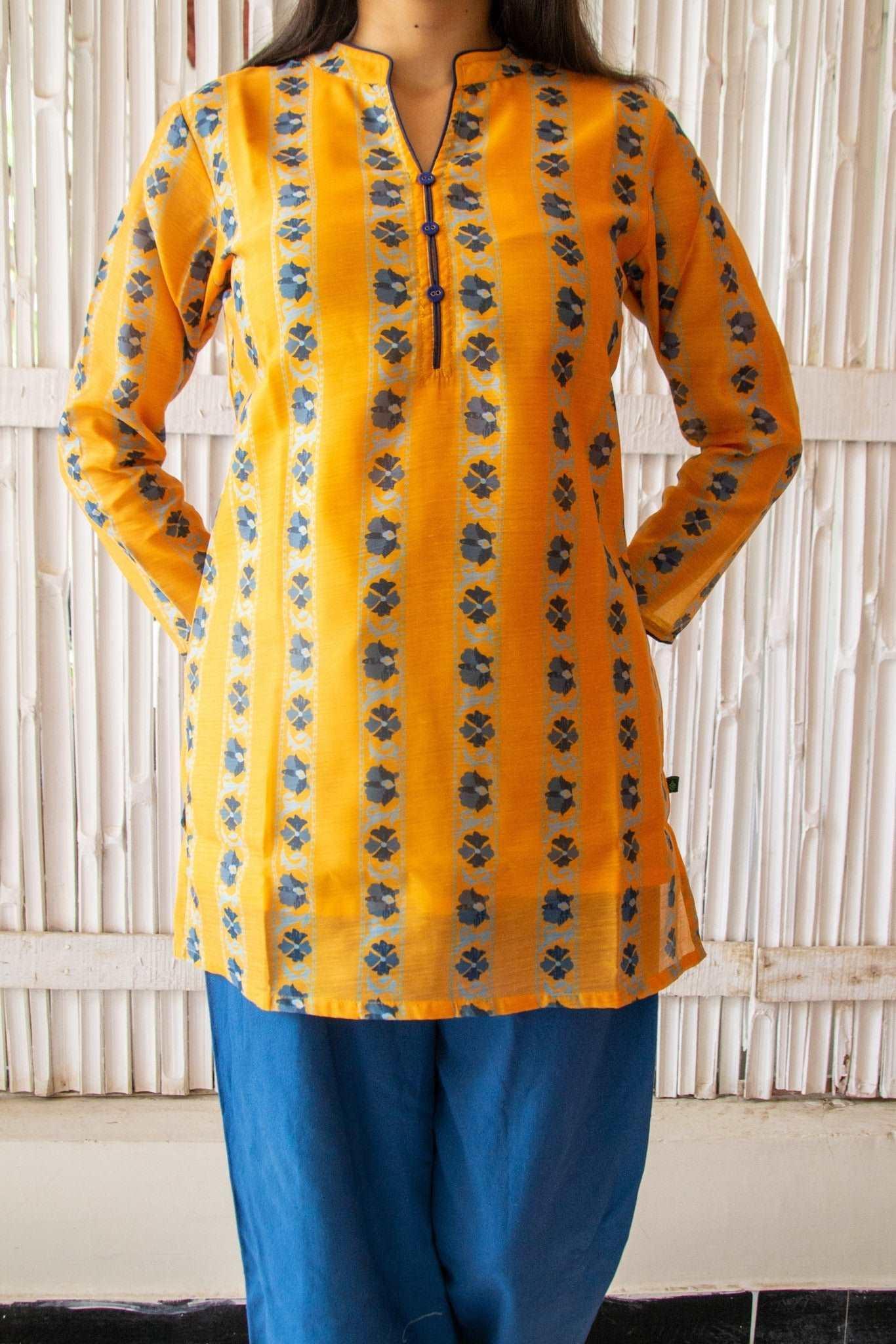 Yellow And Navy Blue Color 34th Sleeves Simple Short Kurti