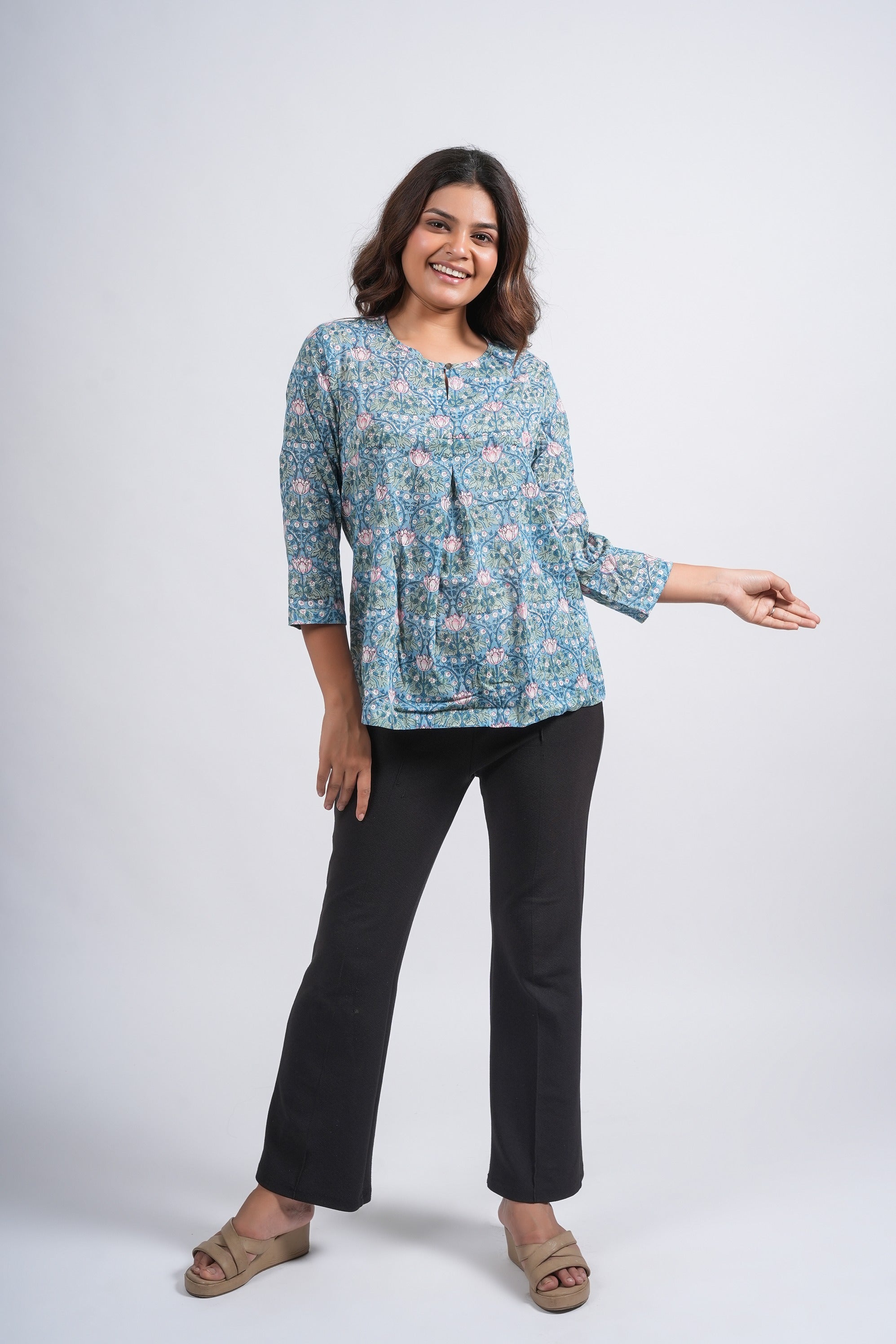 Teal Petal Printed Cotton Short Top
