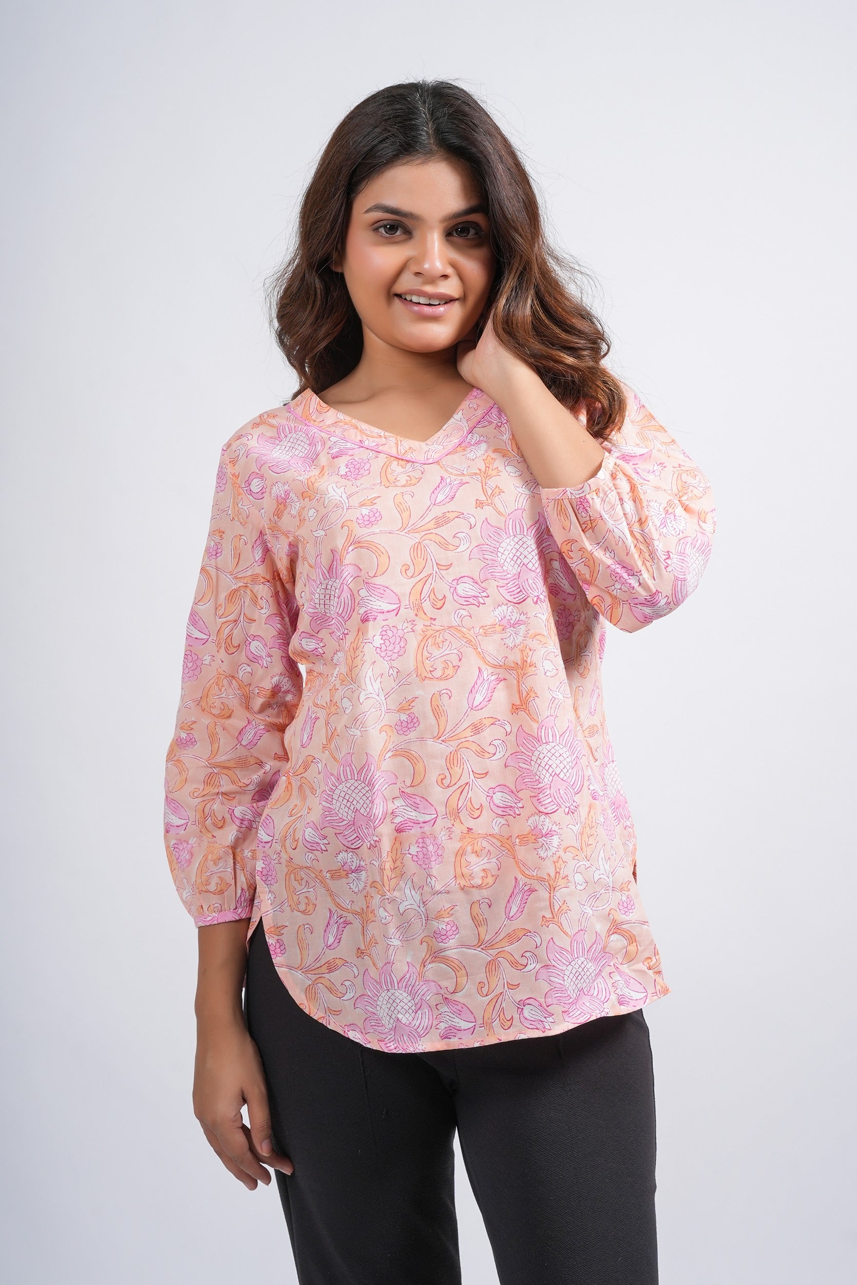 Peachy Petal Printed Short Kurti
