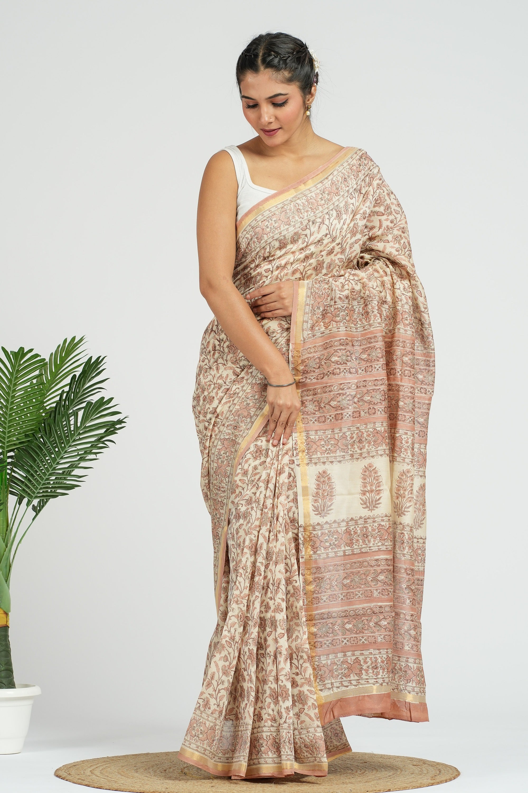 Beige Chanderi Silk Saree