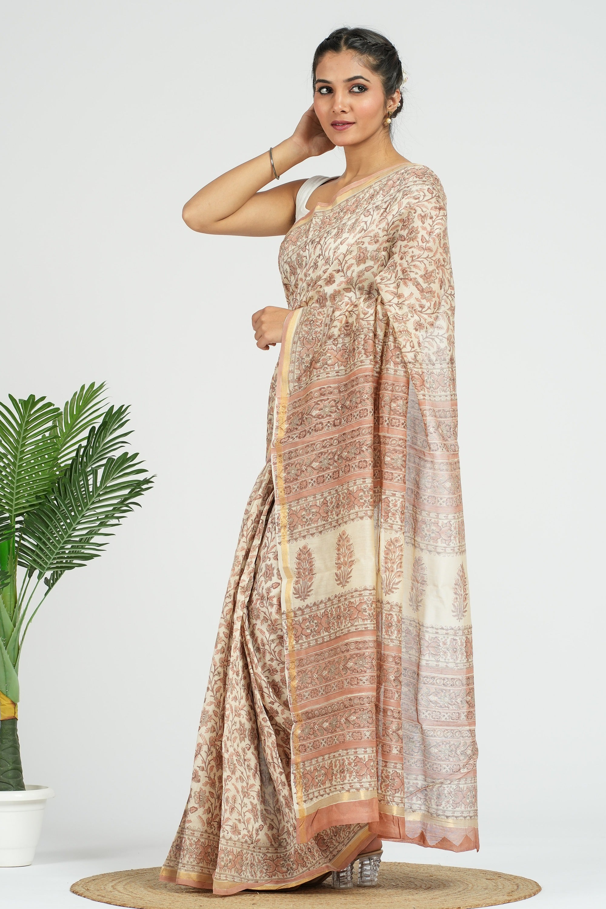 Beige Chanderi Silk Saree