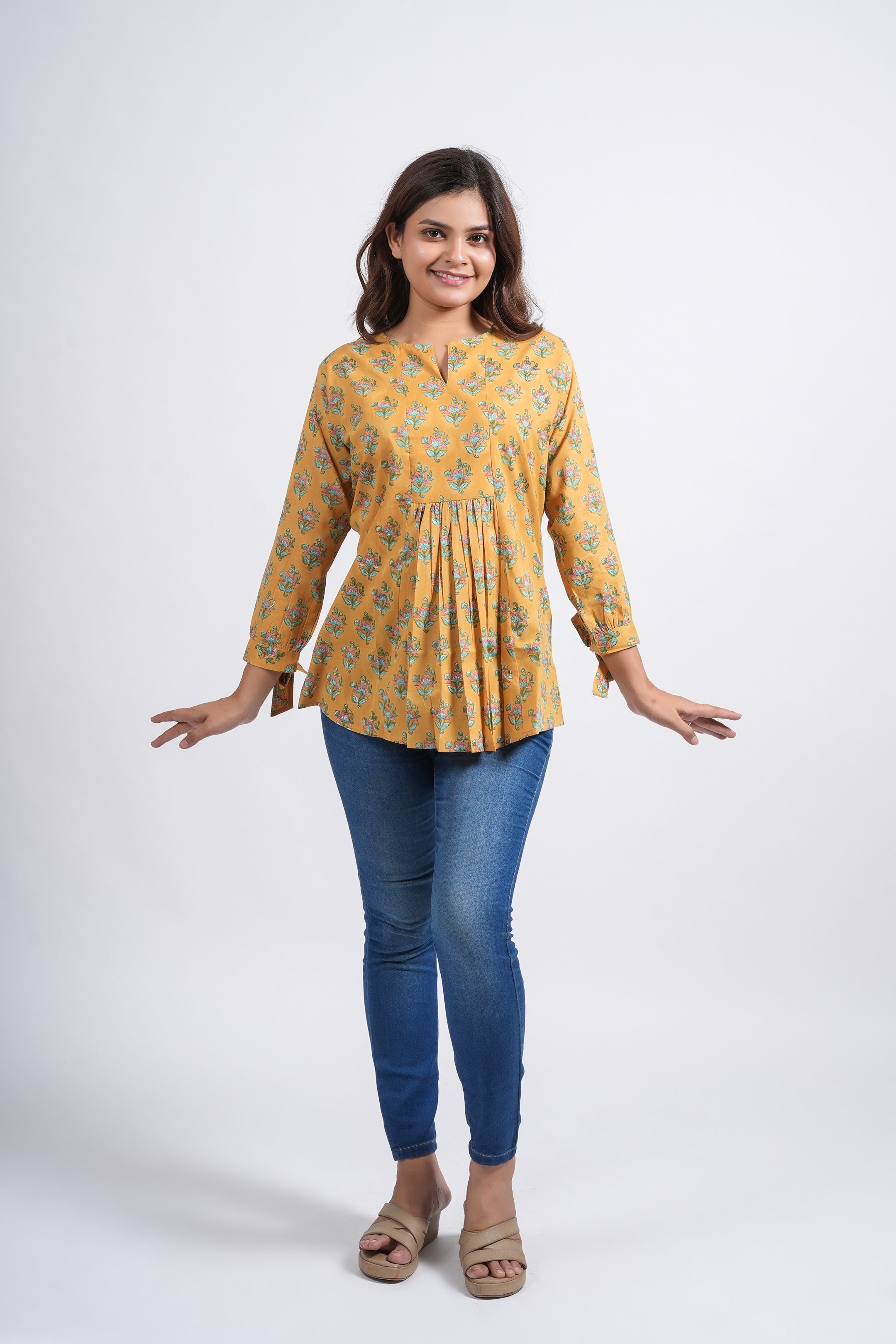 Mustard Floral Block Printed Short Top
