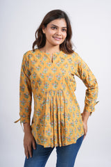Mustard Floral Block Printed Short Top