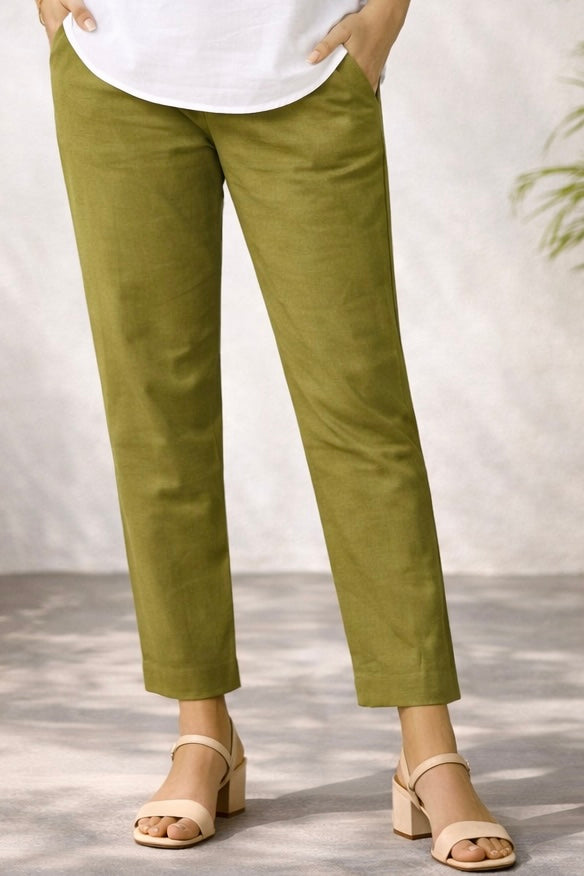 Green Narrow Leg Cotton Pants
