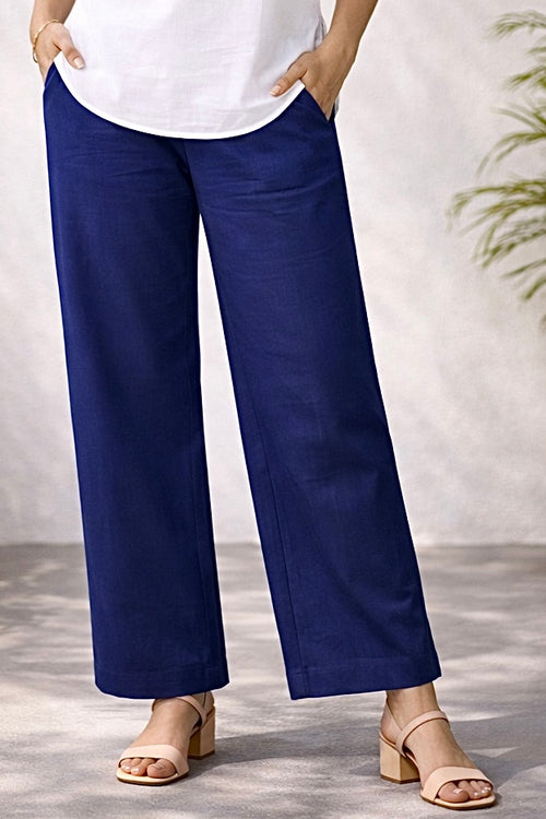 Navy Blue Wide Leg Cotton Pants