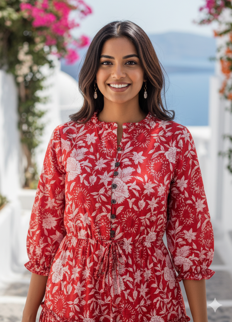 Crimson Reverie Cotton Dress