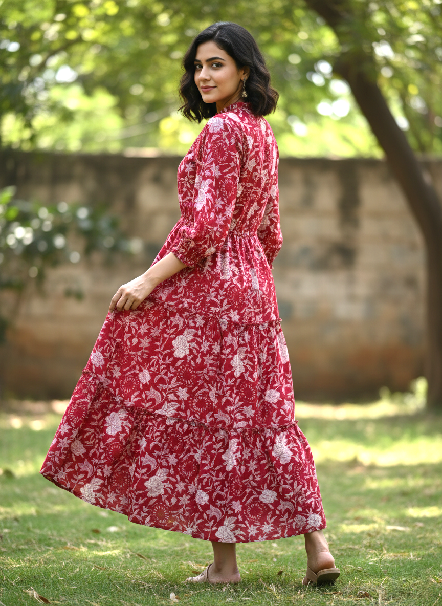 Crimson Reverie Cotton Dress