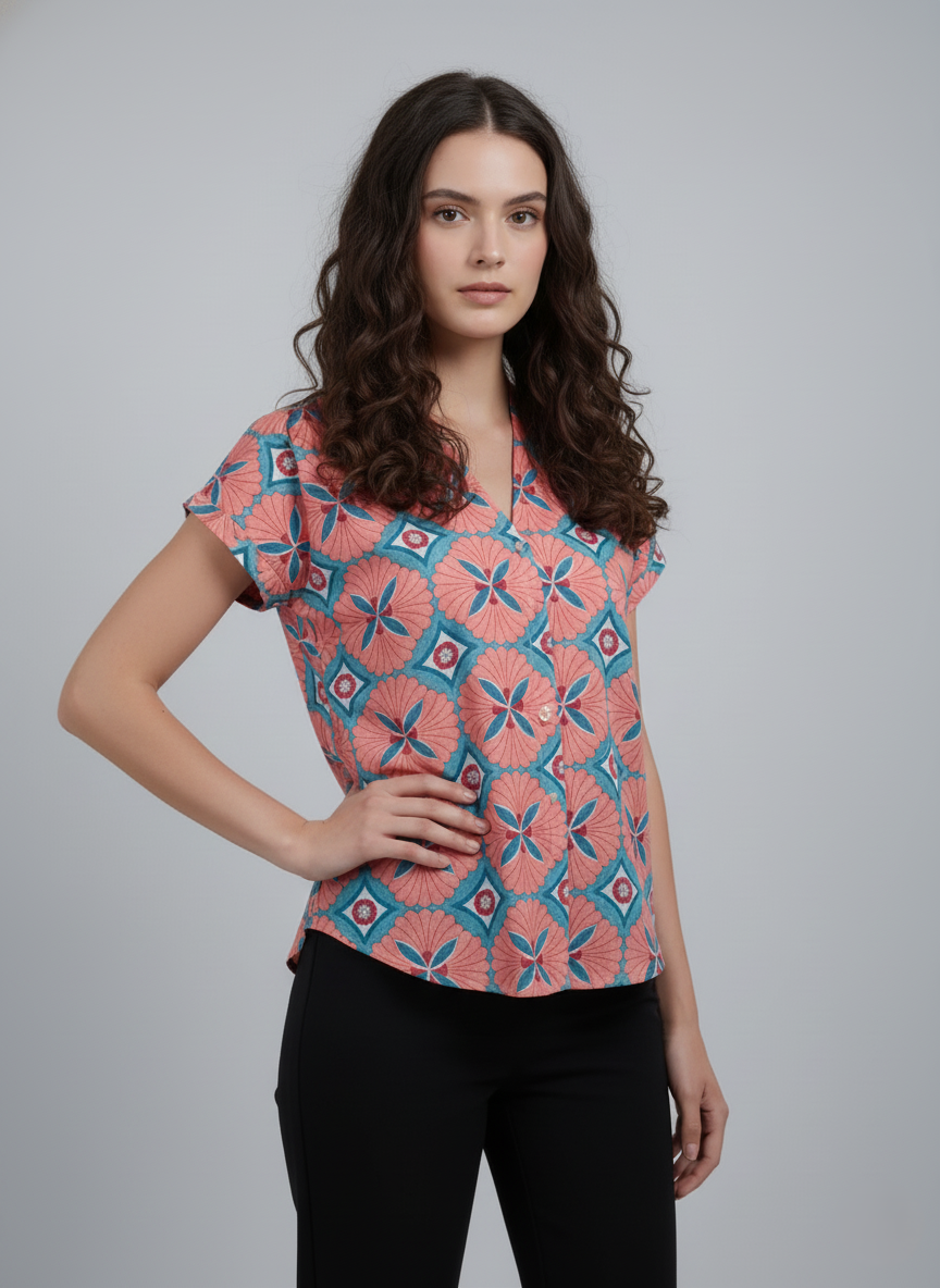 Coral Geo Cotton Top