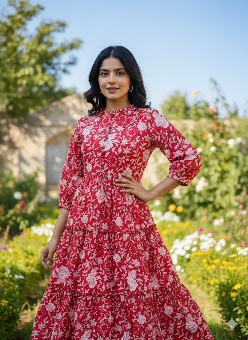 Crimson Reverie Cotton Dress