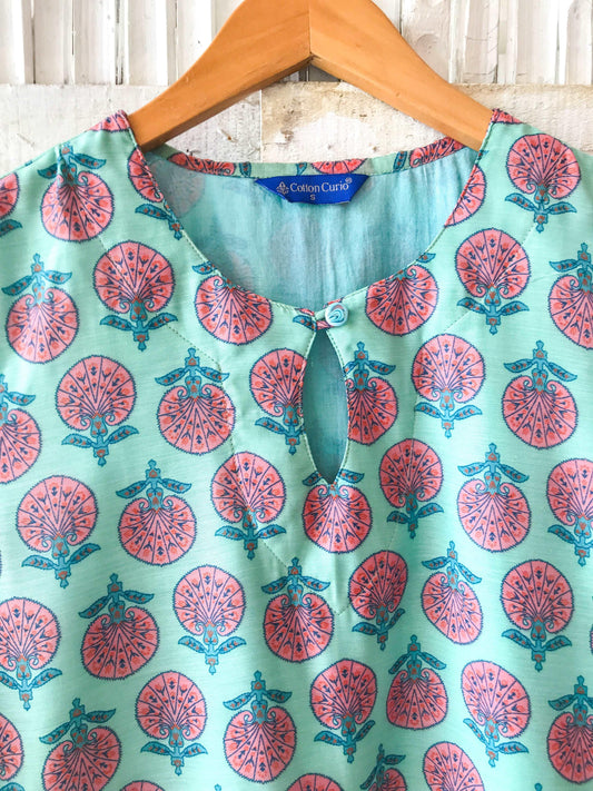 Aqua Printed Chanderi Kurta