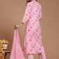 Blooming Pink Cotton Printed Kurta Pant Set With Kota Doria Dupatta