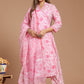 Blooming Pink Cotton Printed Kurta Pant Set With Kota Doria Dupatta