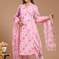 Blooming Pink Cotton Printed Kurta Pant Set With Kota Doria Dupatta