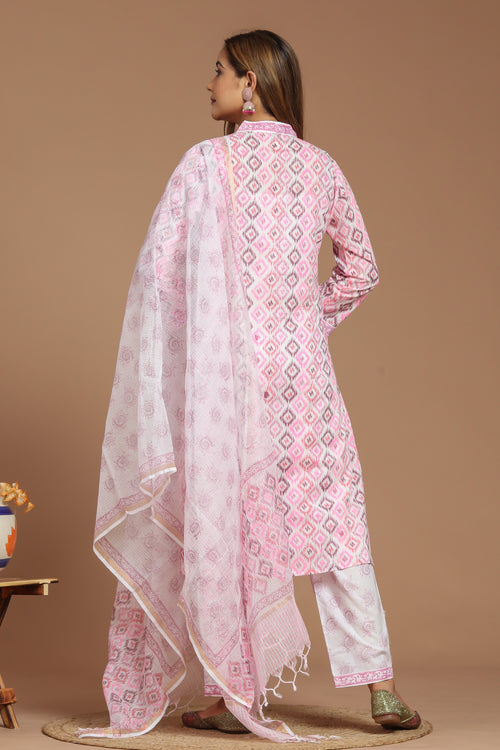 Pink Ikat Kurta Pant Set with Dupatta